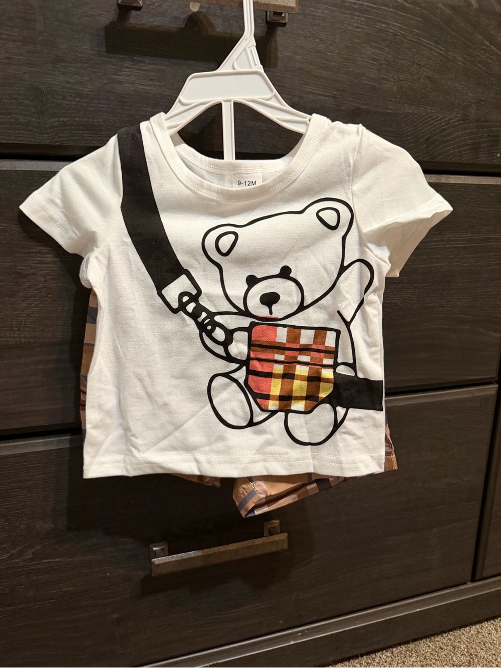 White Teddy Bear Graphic Tee with Plaid Pocket for Kids